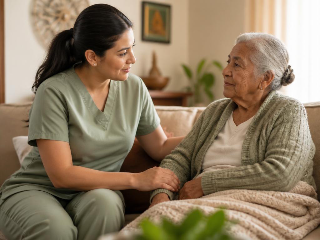 Compassionate hospice nurse comforting a patient at home in Laredo
